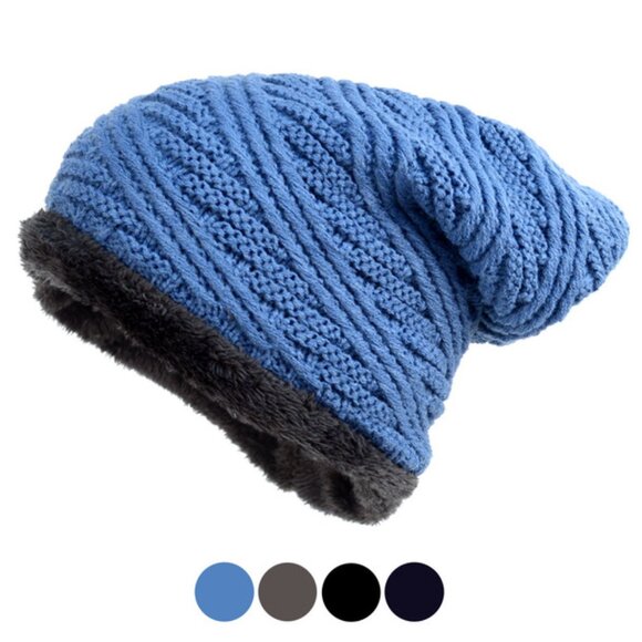 Hat - Slouchy Oversized Baggy  Winter Beanie Hat- Blue W/Gray Fur - Unisex - NWT - Picture 9 of 9